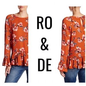 Ro & De Peplum Bell Sleeve Orange Floral Blouse